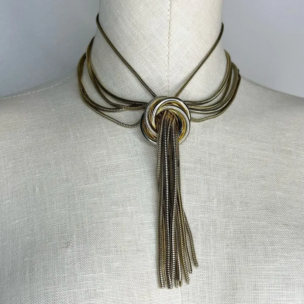 Vintage 60s Designer Costume Mulit Chain Knot Necklace Tassel Jewelry Unsigned